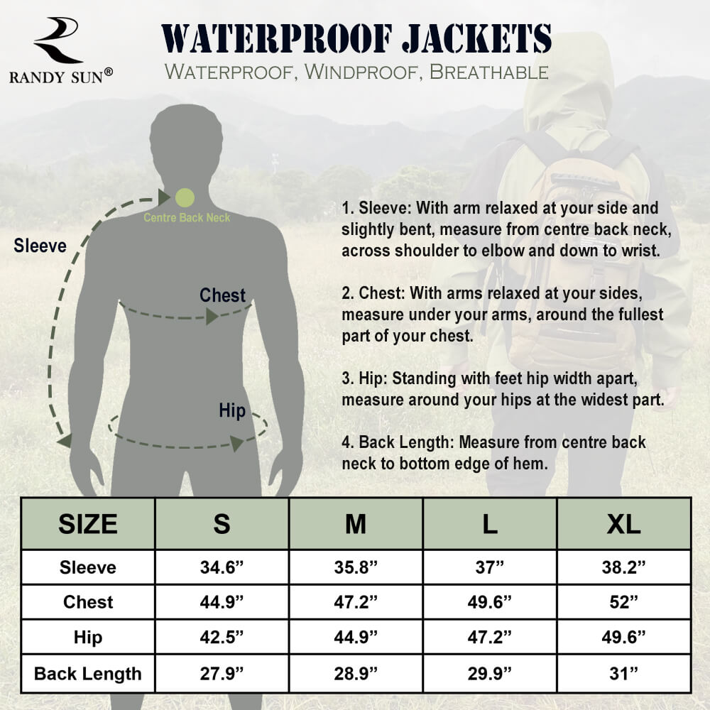 randy sun waterproof jacket size chart