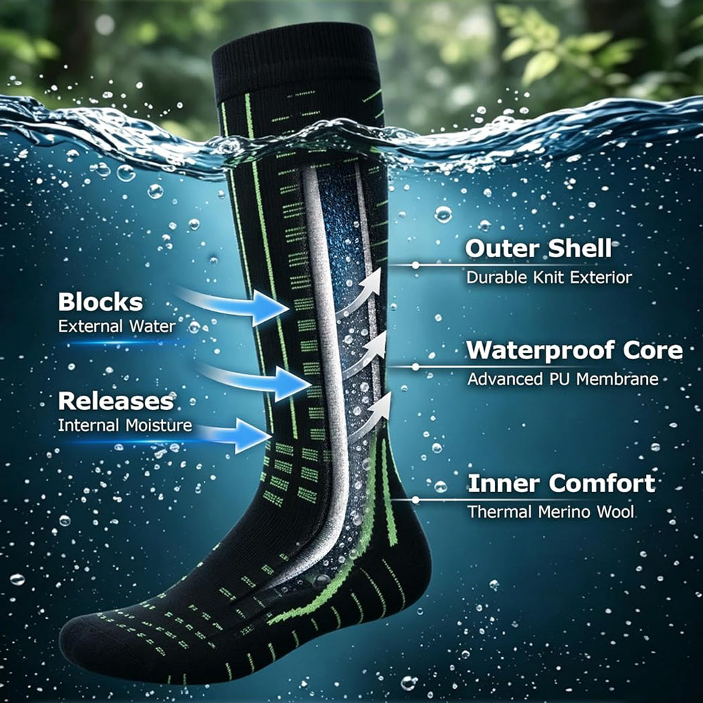 RANDY SUN Merino Wool Knee High Waterproof Socks With Water Stop Seal Belts RS249