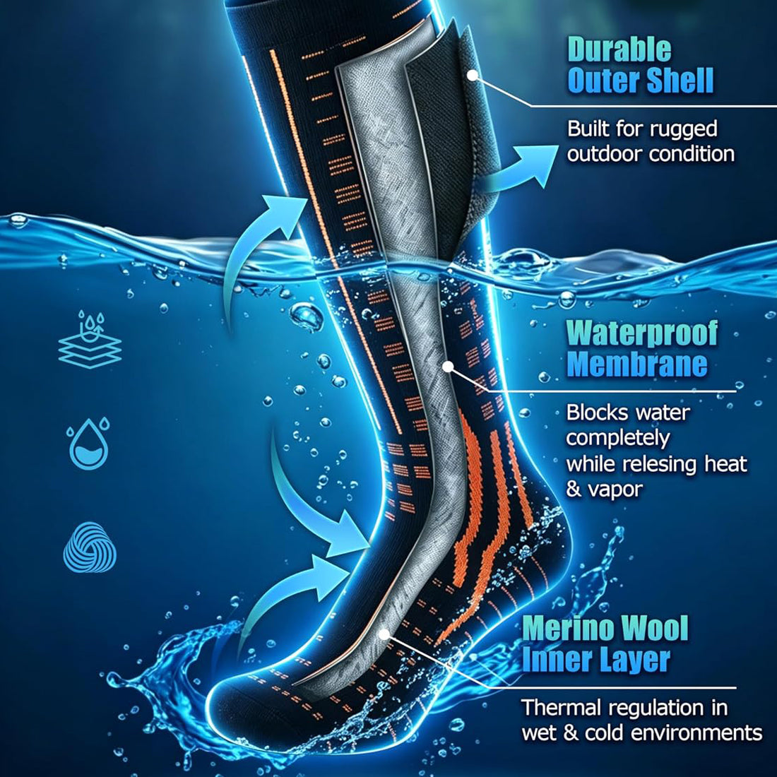 RANDY SUN Merino Wool Knee High Waterproof Socks With Water Stop Seal Belts RS250
