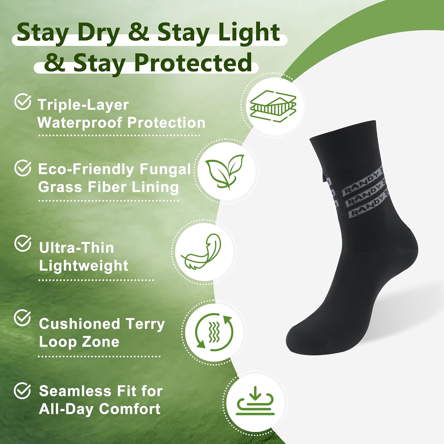RANDY SUN 2.82oz Ultra Thin Breathable Waterproof Socks Mid Calf Quick Dry RS324