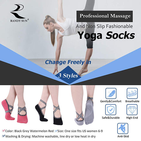 RANDY SUN 3 Pairs Cotton Yoga Socks Non Slip
